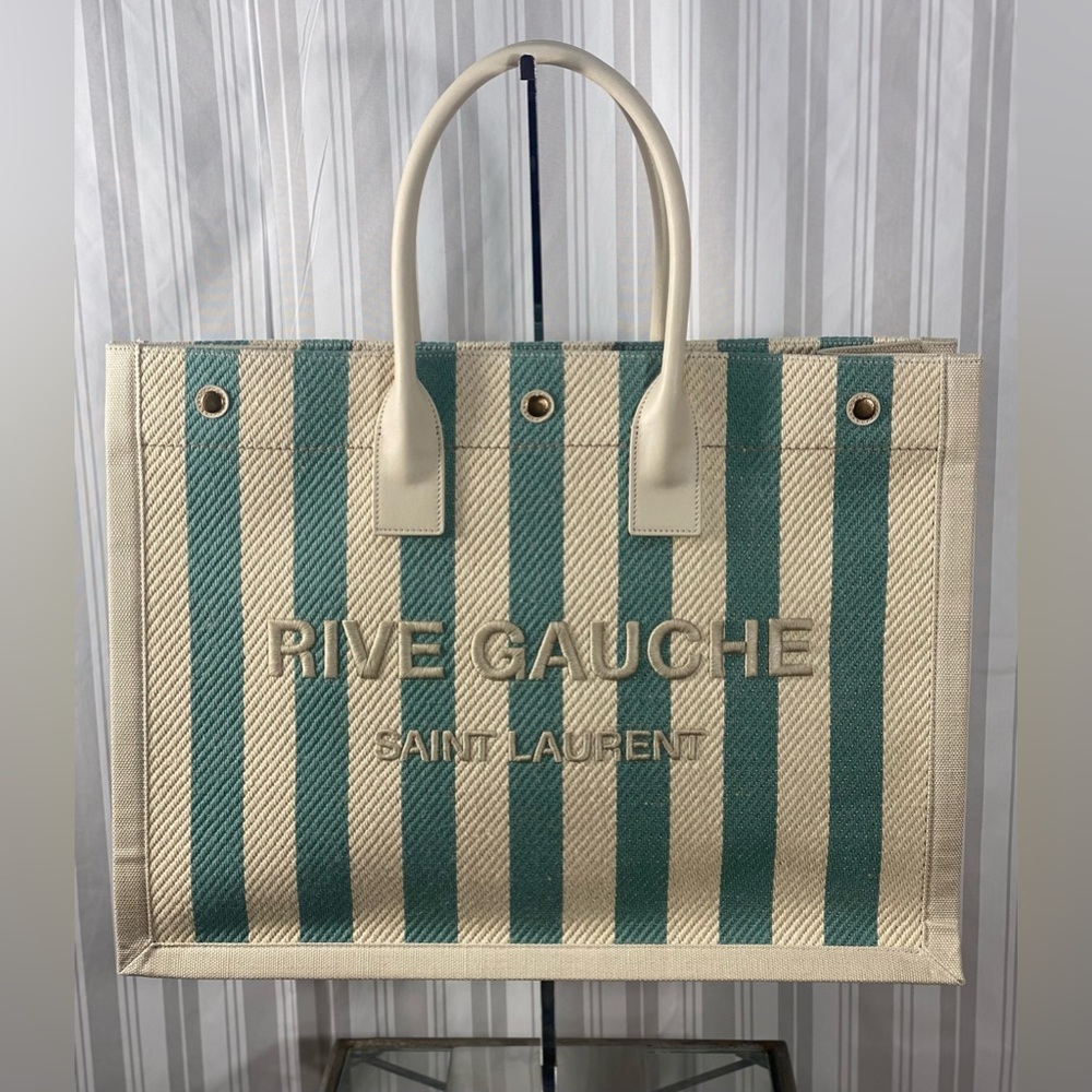 Saint Laurent * Linen Calfskin Striped Rive Gauche Tote Water Green